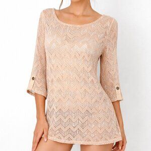 Cal Style Crochet Tunic Top L Beige Boho Bell Sleeve Sheer Knit USA Resort Beach